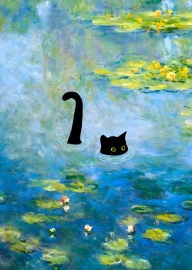 Black Cat in Summer Pond