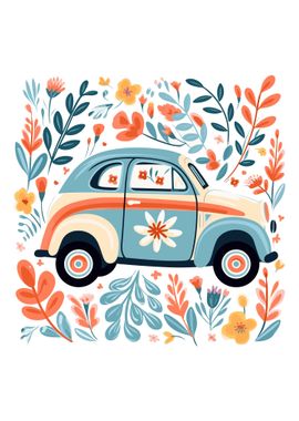 retro car with floral