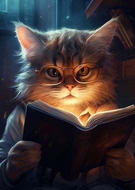 Cat reading a book