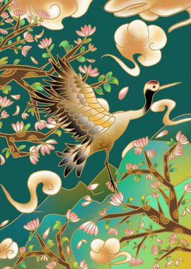 GOLDEN JAPANESE CRANES ART