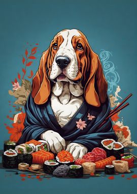 Basset hound with sushi