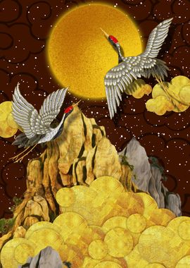 japanese cranes moon gold