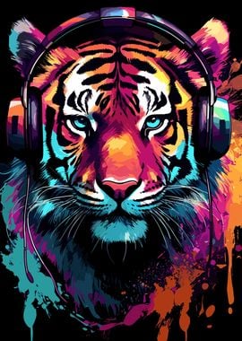 'Tiger With Headphones' Poster, picture, metal print, paint by ...