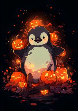 Penguin in a Pumpkin Patch