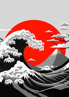 Great Wave red Moon Japan