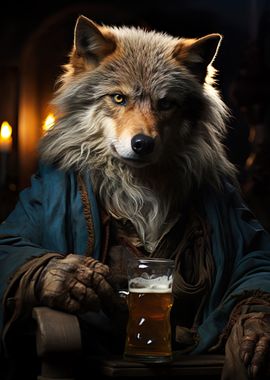 Beer-Sipping Wolf Art