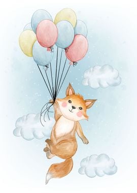 Cute fox with balloons