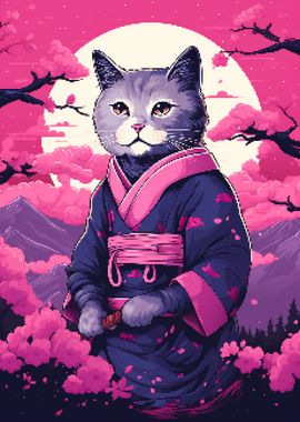 Cat Samurai Kimono Pixel