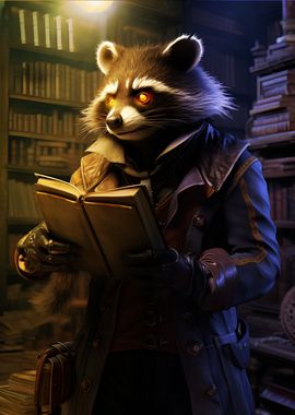 funny Racoon reading  book