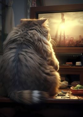 fat cat watching tv