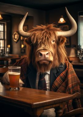 Highland Cow Drinking Beer