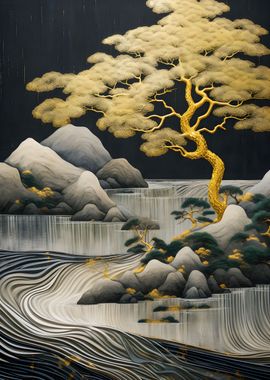 Gold tree and river abst