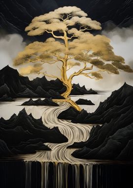 Gold Tree an river abstrac