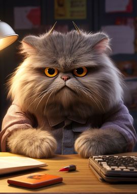 Angry Fluffy Cat Studying