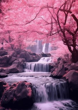 Sakura Trees and Waterfall