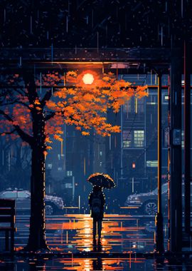 Rain Bus Stop Pixel Art