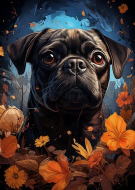 Black Pug and Flowers