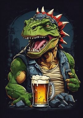 dinosaur drinking beer