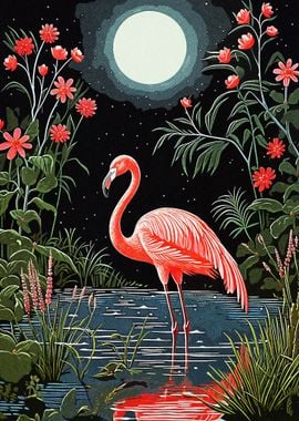 Flamingo In The Moonlit