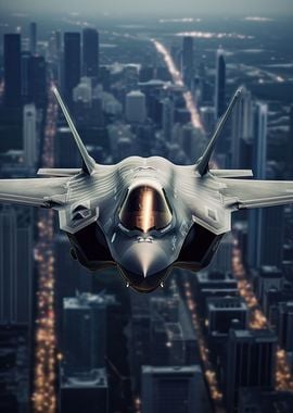 F35 Fighter Jet Over City