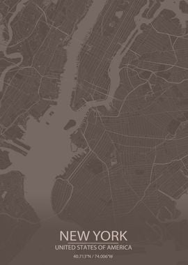 New York US Grey Brown Map