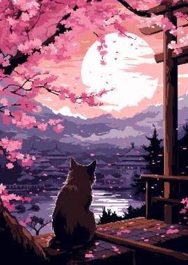 Japan Cat Sunset Pixel Art