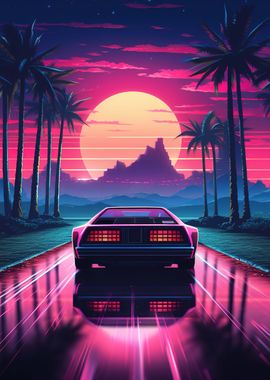 Synthwave Retro Car Sunset