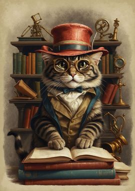 Clever Steampunk Book Cat