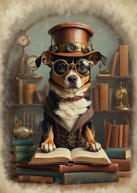 Clever Steampunk Book Dog 