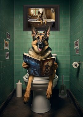 German Shepherd on Toilet