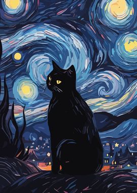 Cat night Starry Art