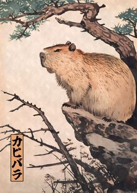 Capybara Woodblock Print