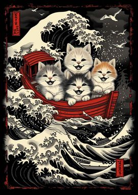 Cute kittens in great wave