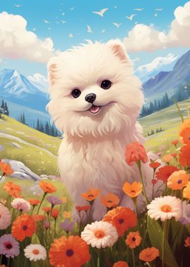 Pomeranian Dog in Flowers