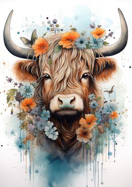 Highland Cow with Flowers