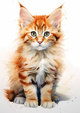 Maine Coon Watercolor Cat 