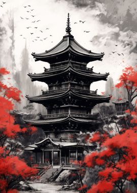 Japanese Temples Ink Wash