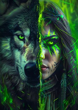 Green Native American Wolf