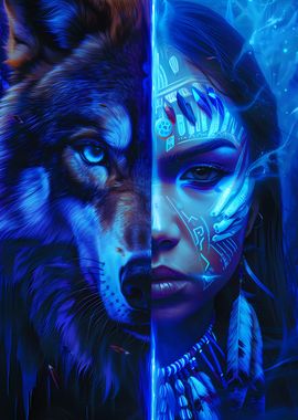 Blue Native American Wolf