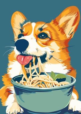 Corgi eating spaghetti