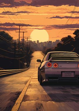 driving a nissan at sunset