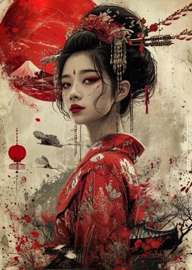 geisha red moon japan