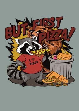 raccoon eating a pizza