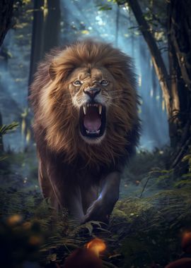 Lion in magic forest