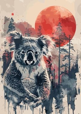 Koala Red Sun Watercolor