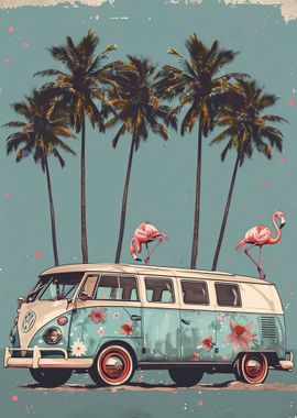 VW Flamingo Vintage Poster