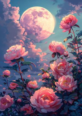 Peony Flowers Night Moon