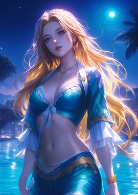 Anime Girl Moonlight Swim