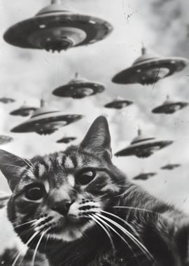 Funny Alien Cat UFO Poster