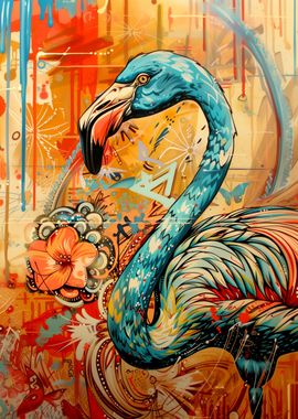 Street art blue flamingo